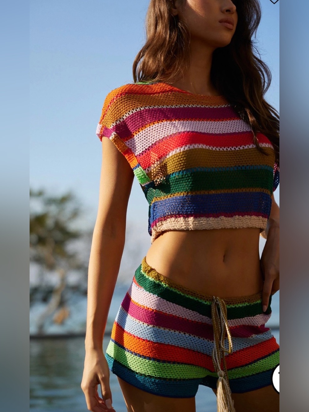 PQ Calypso Bree Striped Multicolor Crochet set  Crop Top and shorts